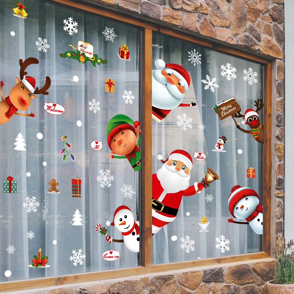 

1set Cute Santa Claus Elk Christmas Window Stickers Noel Navidad Decorations Window Stickers Home Winter Ornament New Year Gift