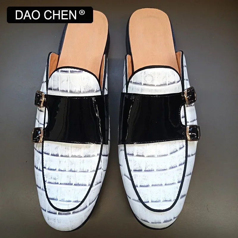 LUXURY BRAND MEN'S MULES HALF SHOES WHITE CROCODILE PRINT CASUAL DRESS MAN SHOE SUMMER COMFORTABLE LEATHER SHOES FOR MEN