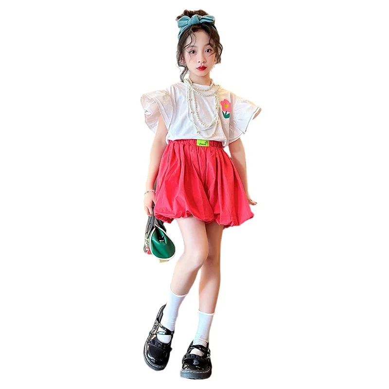 

Summer New Clothing for Girls Set Korean Fashion White Crewneck Flower Print Top + Elastic Waist Shorts 2pcs Casual Outfit 4-14Y