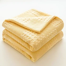 Luxurious 100% Cotton Waffle Weave Throw Blanket - Soft & Breathable Decorative Plaid - 100x150cm (YELLOW)