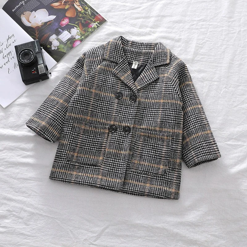 Children Winter Grid Jackets Girl Woolen Double-breasted Baby Boy Trench Coat Lapel Kids Outerwear Wool Coat Loungewear Overcoat boys woolen coat