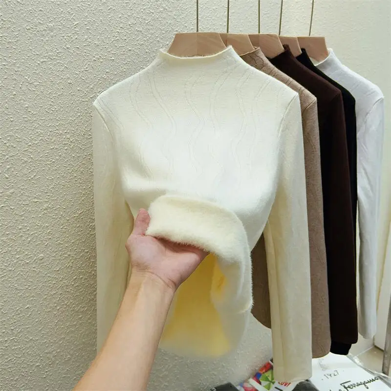 Autumn and Winter Women's New Wavy Semi-turtleneck Pullover Sweater Fashion Slim Solid Color Knitwear Integrated Fleece Top