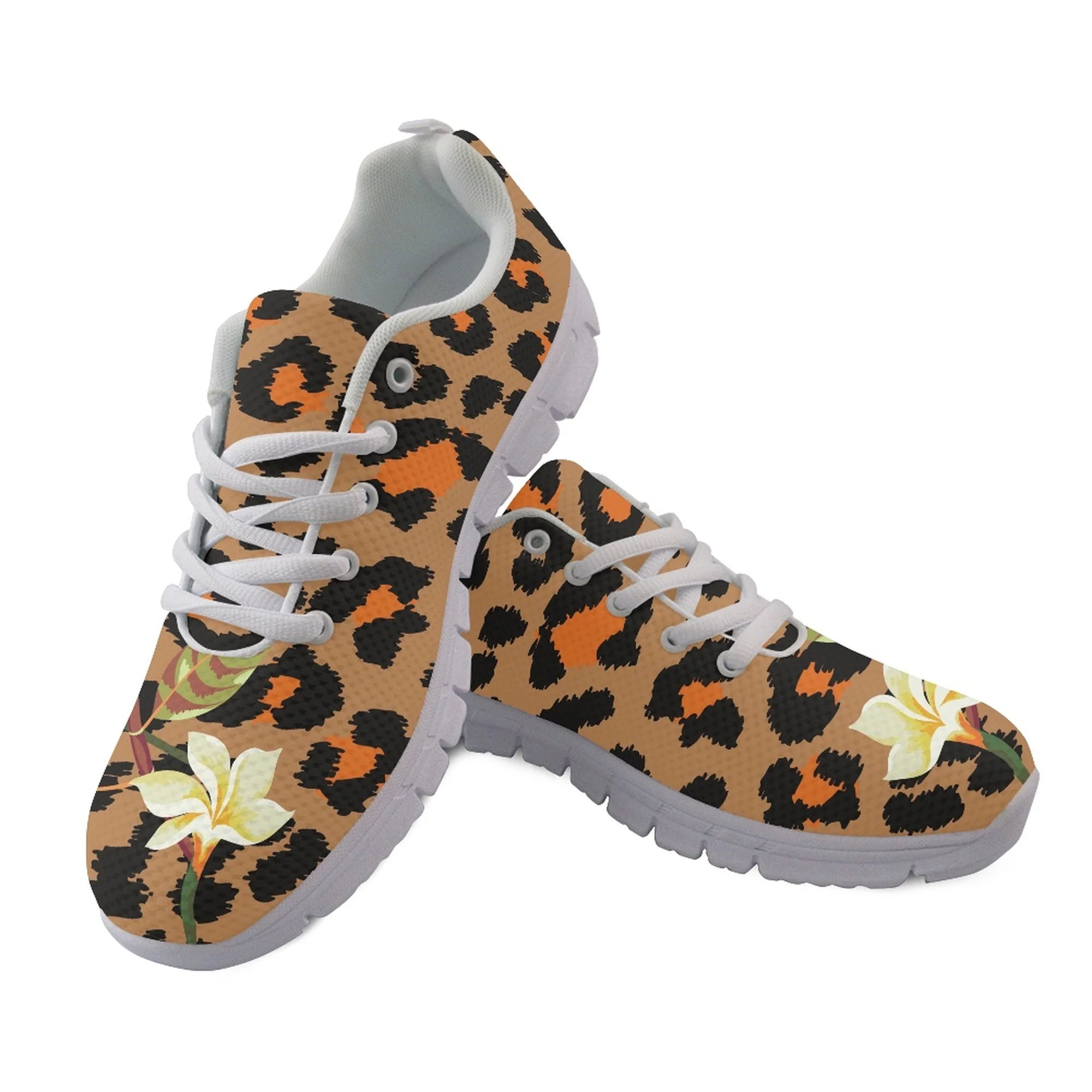 Yikeluo Leopard with Plumeria Pattern Print Flat Shoes for Women Lace up Casual Sneakers Outdoor Lightweight Sport Footwear 2022