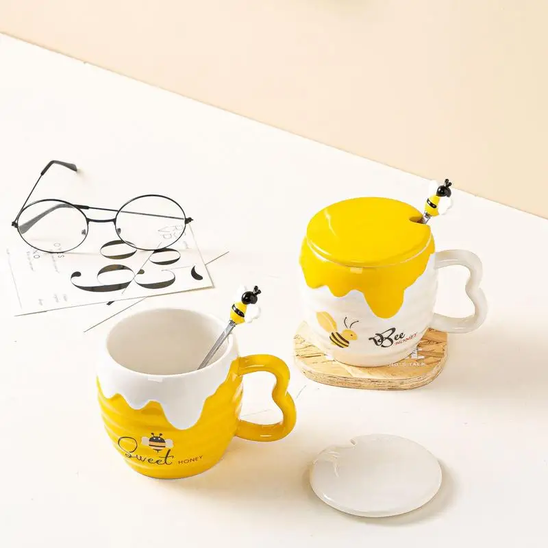 450ML Ceramic Honey Cup With Cover And Spoon Cute Bee Cartoon