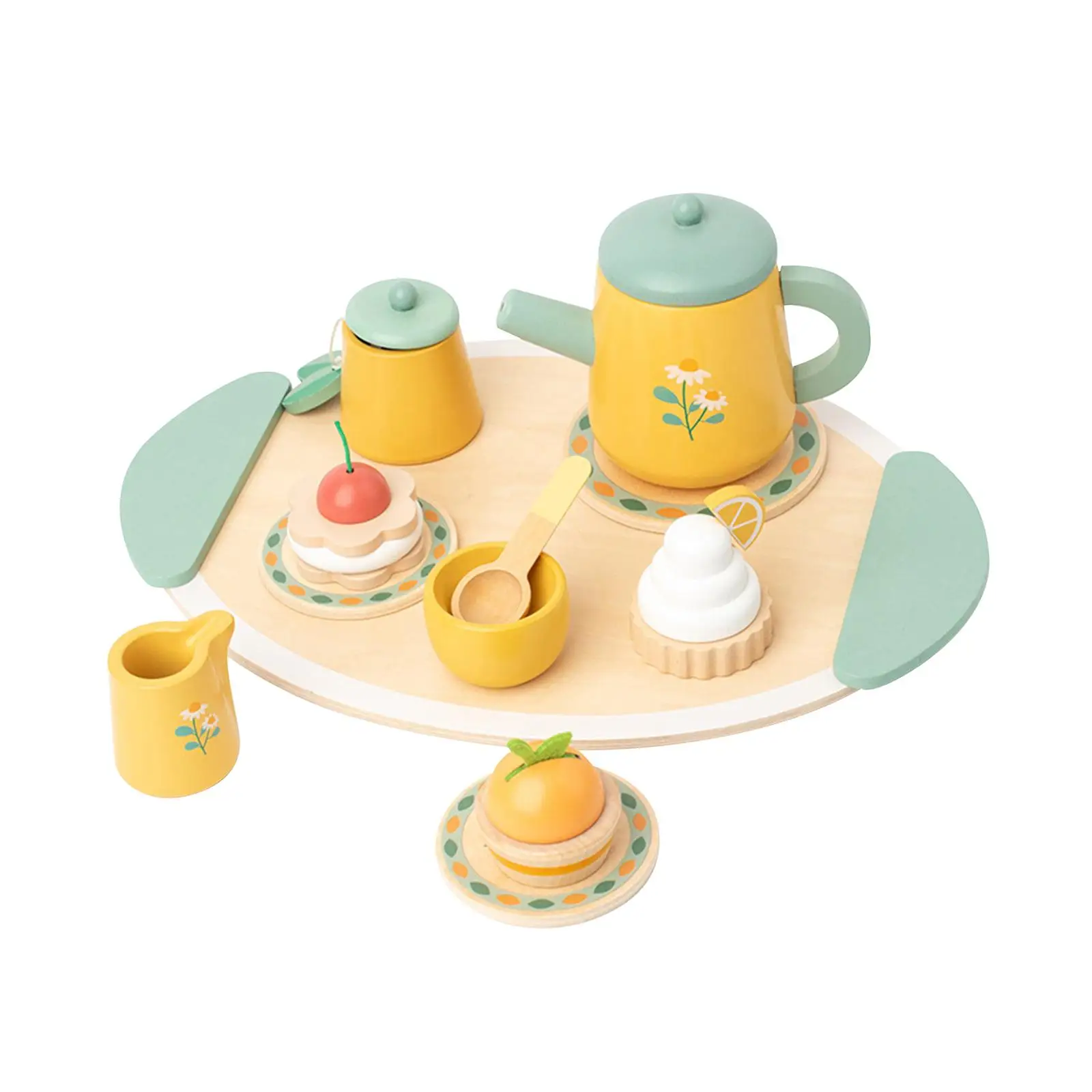 Wooden Tea Set Toys Playset Dollhouse Accessories Cake Toys for Little Girls