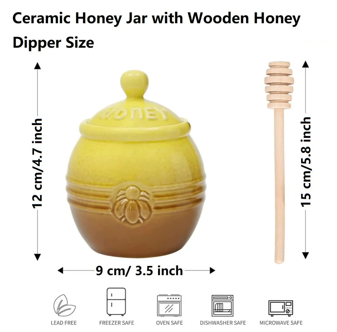 Glass Honey Jars Cute Ceramic Honey Jar With Lid and Dipper for Storage Honey Syrup Container 16 oz Pot Kitchen Accessories Dispenser
