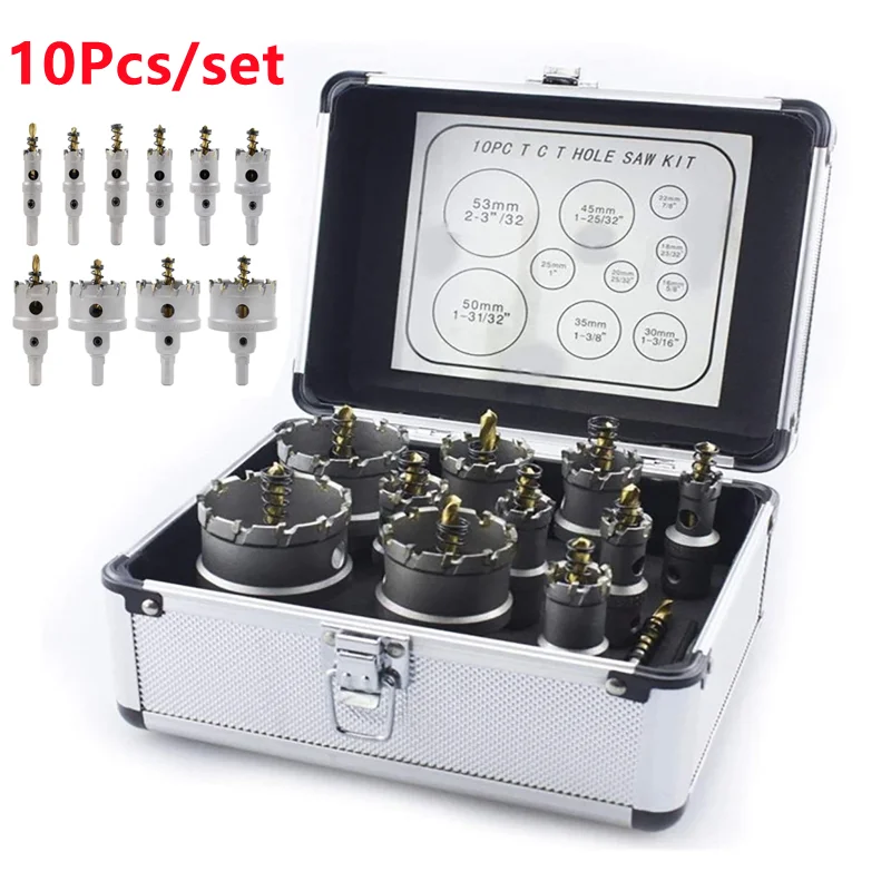 10pcs-set-16-63mmtct-hole-saw-drill-bits-alloy-carbide-cobalt-steel-cutter-stainless-steel-plate-iron-metal-cutting-kit-with-box