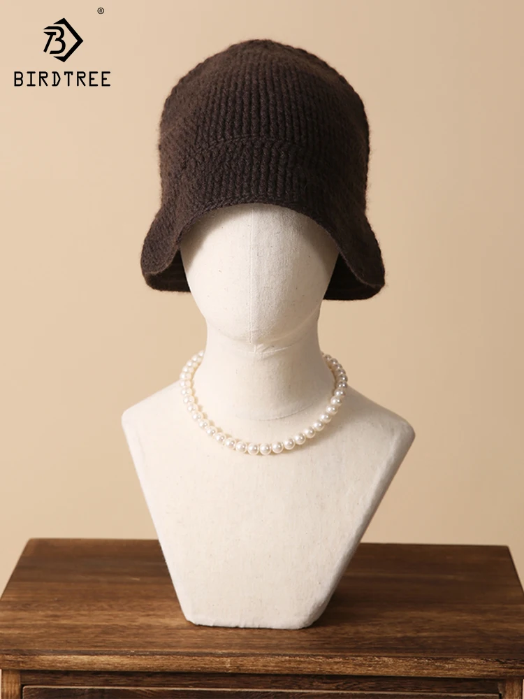 

Birdtree 100%Pure Cashmere Warm Versatile Hat Women Lazy OL Commuting Knitted Potted Plant/Fisherman Hat Autumn Winter A3D627QC