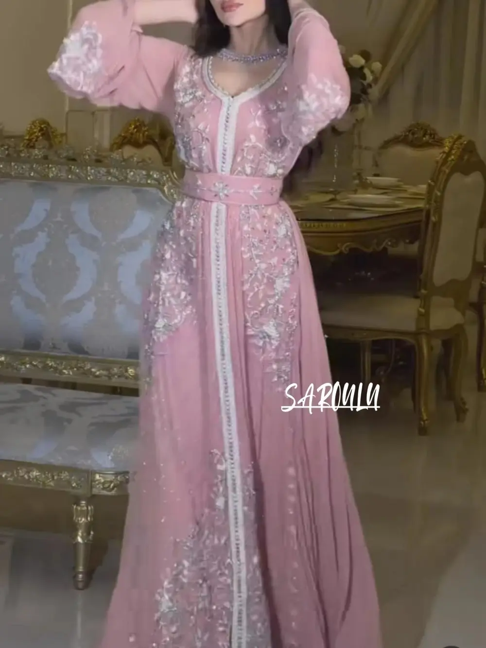 

Elegant Evening Dress Dubai Moroccan Muslim Party Kaftan Caftan Dress Elegant V-neck Crystals Beading Gown Vestidos De Gala