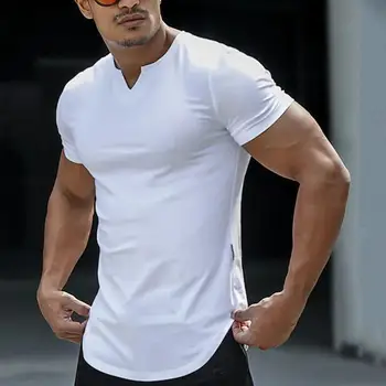 T-shirt da uomo slim fit di tipo lungo con scollo a V manica corta con orlo ad arco T-shirt estiva tinta unita T-shirt casual T-shirt sportive