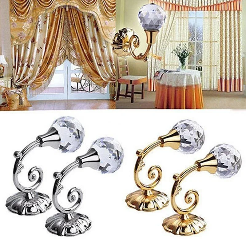 Luxury Design 2pcs Metal Crystal Glass Curtain Holdback Wall Tie Back Hooks Hanger Holder Window Accessories Household Supplies
