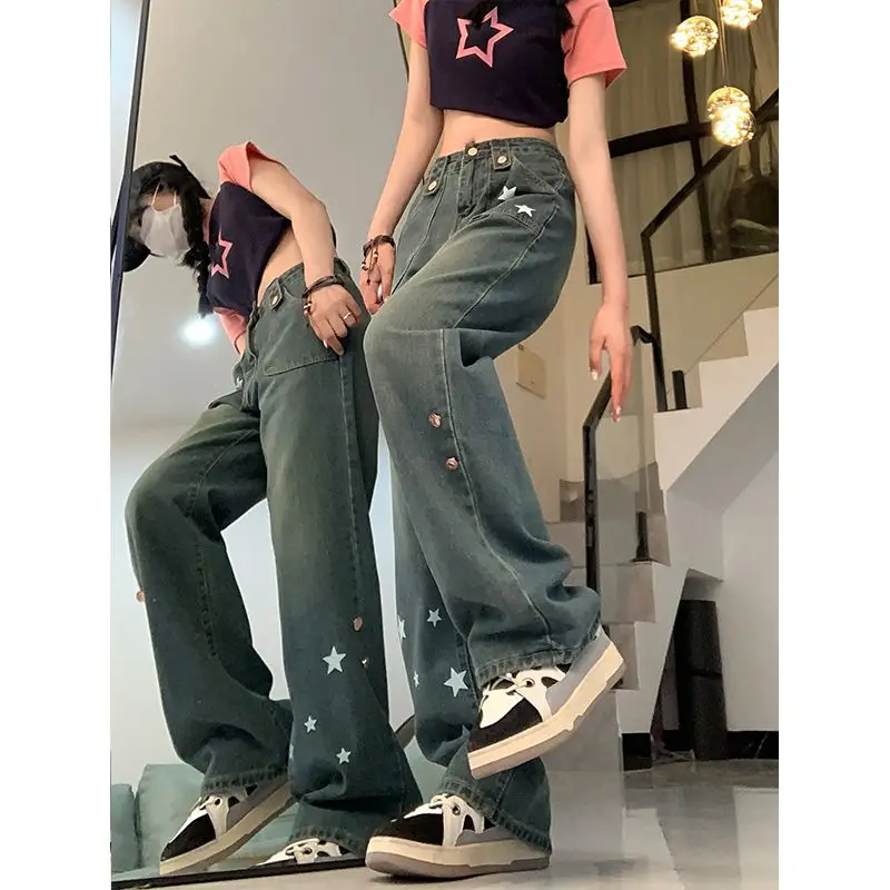 HOUZHOU-Jeans Y2K Star feminino, calça jeans, estilo coreano, angustiado,  oversize, Harajuku, American Vintage, calças de perna larga, Egirl -  AliExpress