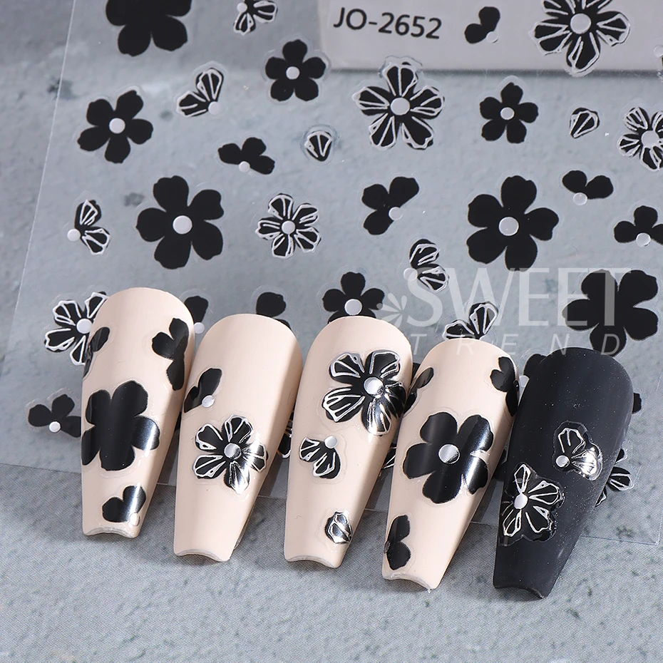 3pcs 3D Black French Flower Nail Stickers Simple Gold Silver Petal Nail Decals Sliders Autumn Manicure Decoration Nail Supplies