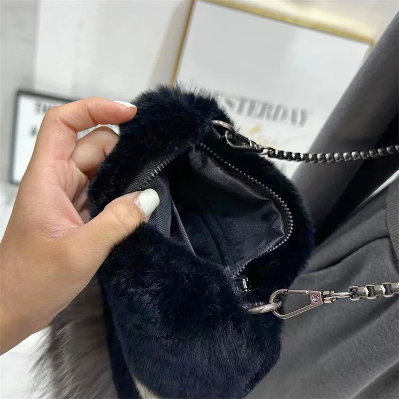 Winter Fashion Plush Tote Bag Rex Rabbit Fur Large Capacity Tote Bag Women's High Quality Plush Chain Crossbody Bag