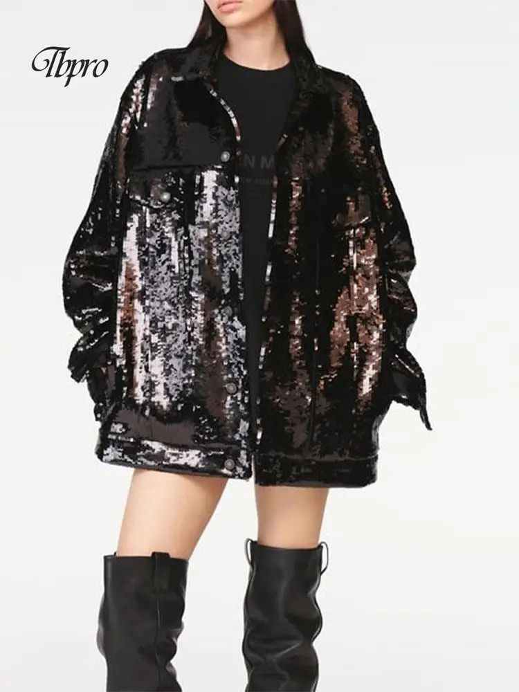 

Elegant Shiny Sequins Turndown Collar Coats Women Fashion Long Sleeve Pocket Jacket Autumn Winter Lady Street Overcoat Outerwear