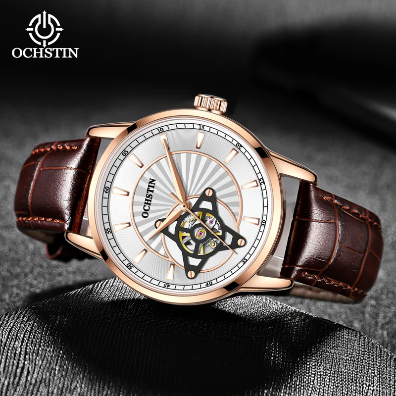 

OCHSTIN Master Series Hollow Mechanical Mens Leather Watch Business Casual Trend Style Multi-functional Mechanical Watch