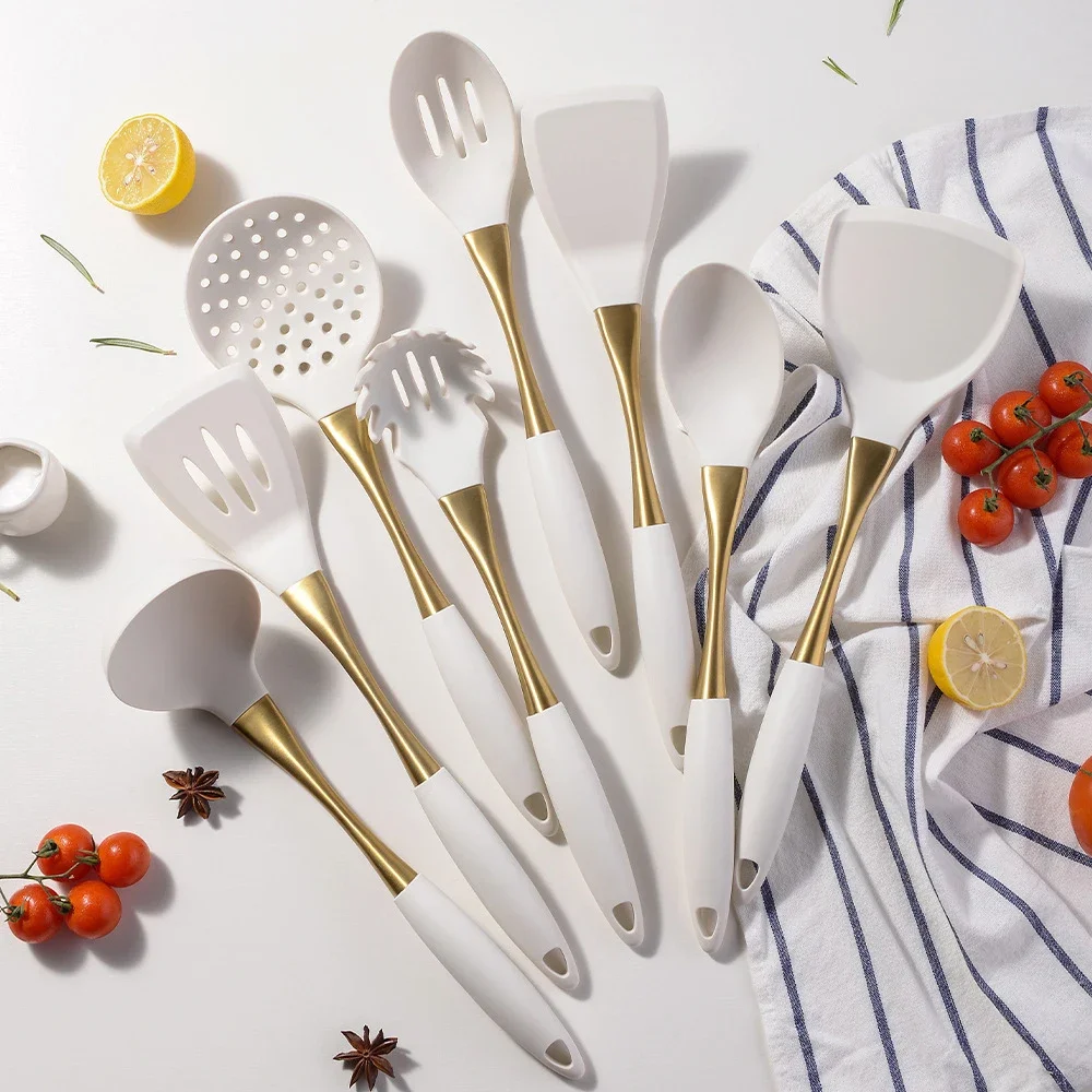 1Pc White Gold Silicone Kitchenware Cooking Utensils Kitchen Accessories Spatula Turner Heat-resistant Pasta Colander Shovel