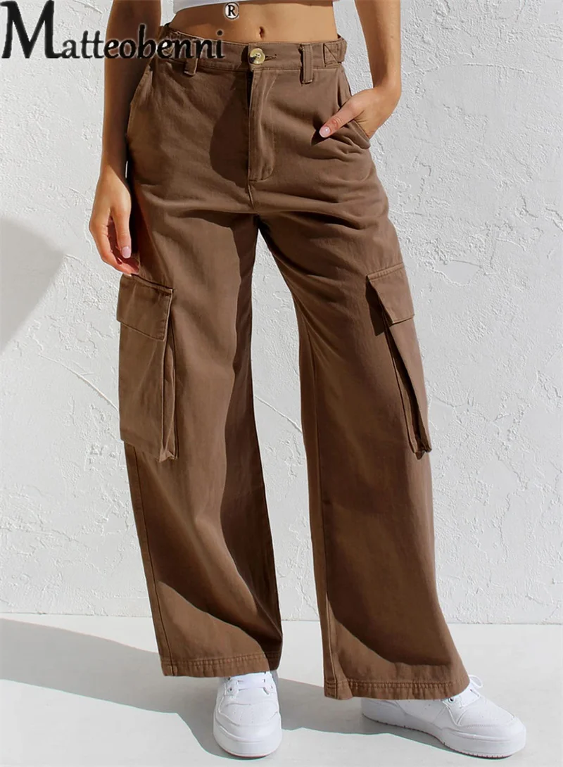 Fashion Casual Street Overalls Women Multi-pocket Splice Button Jeans Solid Color Denim Pants Female Commuter Straight Trousers