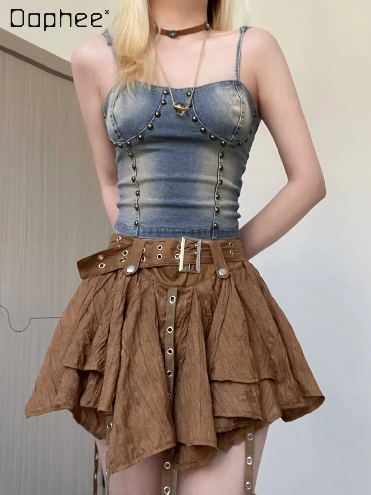 

American-Style Retro Sexy Rivet Suspenders Lace-up Backless Short Top Sling Denim Tops 2023 Summer New Brown Short Skirts Female