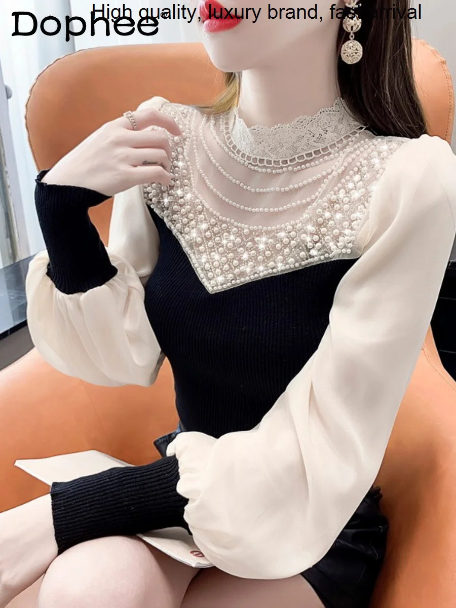 

Beaded Turtleneck Elegant Knitted Bottoming T-shirt Women Chiffon Long Sleeve Slim Fit Sweater Top 2023 New Fall Winter Clothes