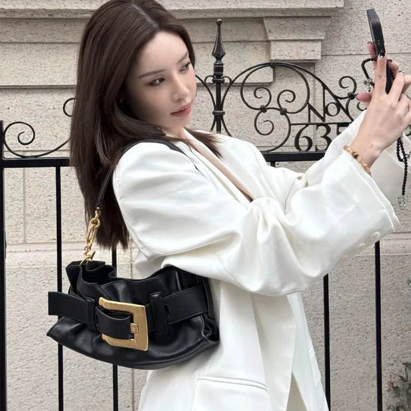 Vintage Tote Shoulder Bag 2025 New belt buckle hand armpit bag Luxury High Quality pu Leather Commuter Underarm Bag