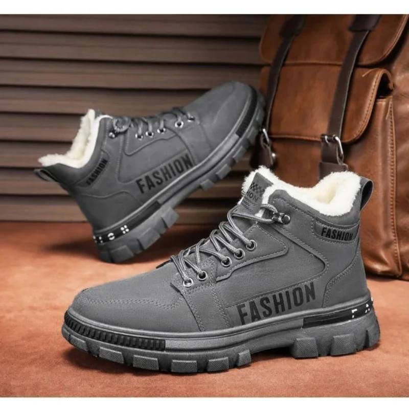 Men Snow Boots Winter Anti Slip Plush Indoor Warm Cold Proof Snow Boots High Top Platform Lace Up Outdoor Sport Work Boots