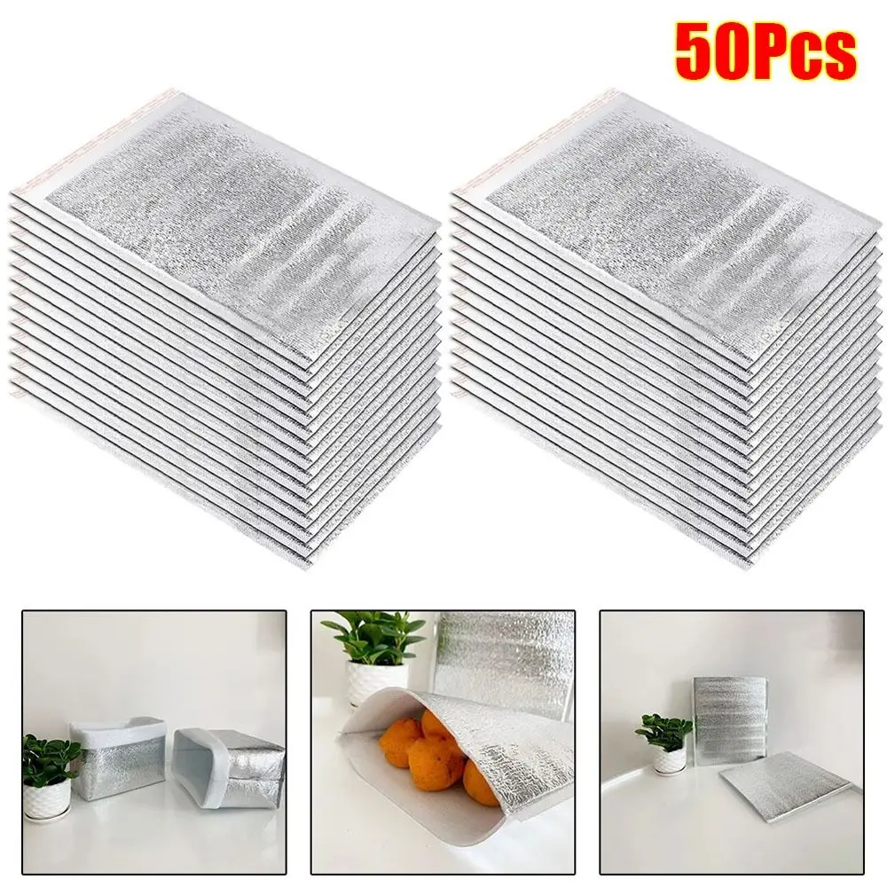 50Pcs/Pack Ice Cold Warm Aluminum Foil Bag Food Thermal Delivery Carrier Insulation Bag with Closure Drink Storage Cooler Bag