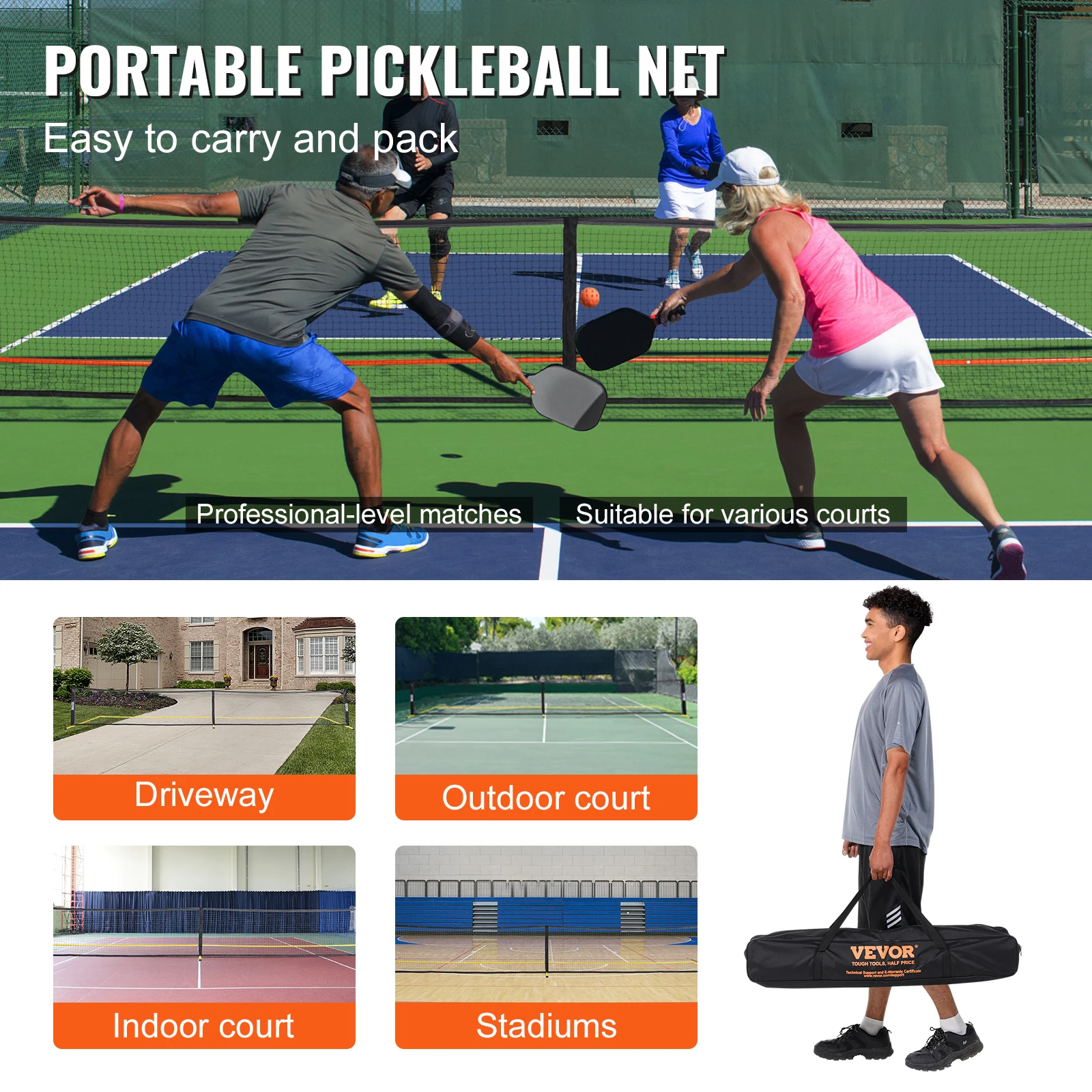VEVOR Portable Pickleball Net System 22FT Full Court Official Regulation Size Pickle Ball Nets Indoor & Outdoor with Court Line 6