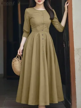 Women Long Vestidos ZANZEA Elegant Office Lady Dresses 3/4 Sleeve Casual Solid Summer Buttons Fashion Party Midi Robe Streetwear 1