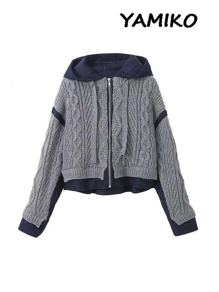 

Knitted Patchwork Women's Hooded With Metal Zipper Long Sleeve Jackets Female 2023 Winter Vintage Streetwear Ladies Outerwears
