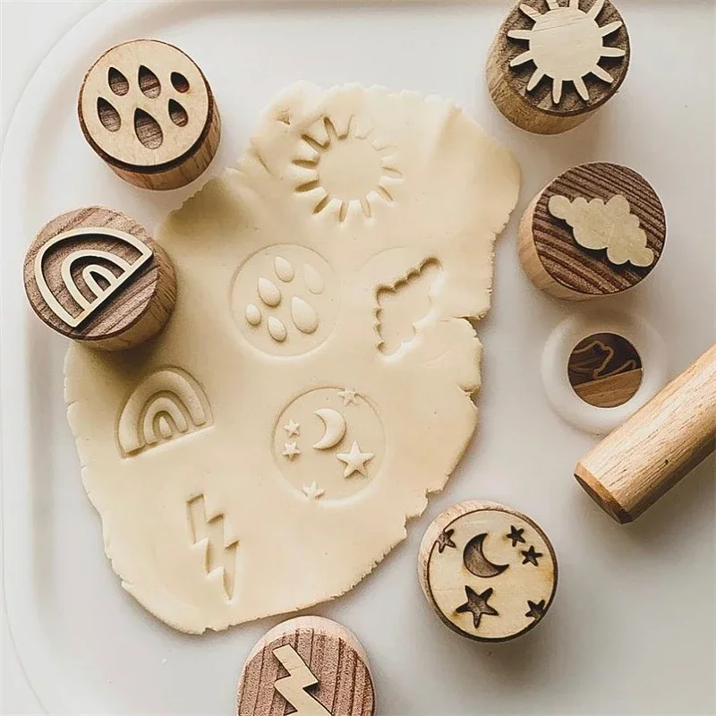 Montessori Wooden Play Dough Stampers Tools Weather Insect Nature Stamps Kids  Playdough Fun Activity Sensory Toys for Children