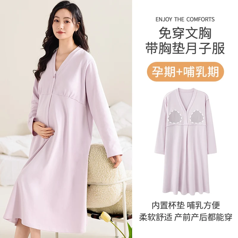 Nursing-Friendly Pajamas Solid Color Cotton Nursing Dresses Nightgown with Pads Long Sleeve Maternity Nightwear Pyjamas Hospital cotton pajama set breastfeeding nightgown maternity nightgown set
