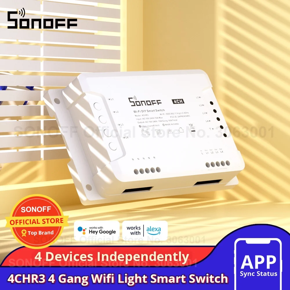 Module Interrupteur WiFi Intelligent SONOFF 4CHR3 - 4 Relais 10A, Compatible Alexa/Google
