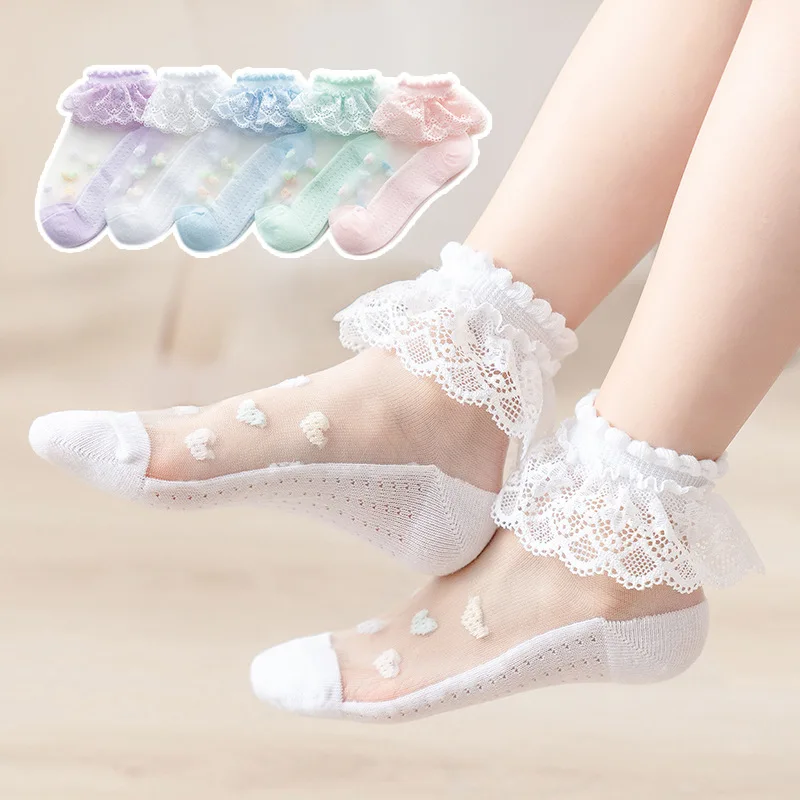 5 Pairs/set 2022 New Summer Thin Mesh Cotton Silk Socks Princess Lace Ruffle Frilly Solid White Ankle Socks for Children Girls
