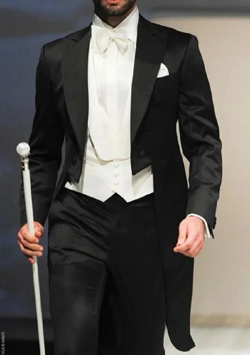 Italian gentleman Wedding Man Long tail coat Groom Prom Tuxedos Formal Mens Suits terno masculino (Jacket+Pants+Vest)