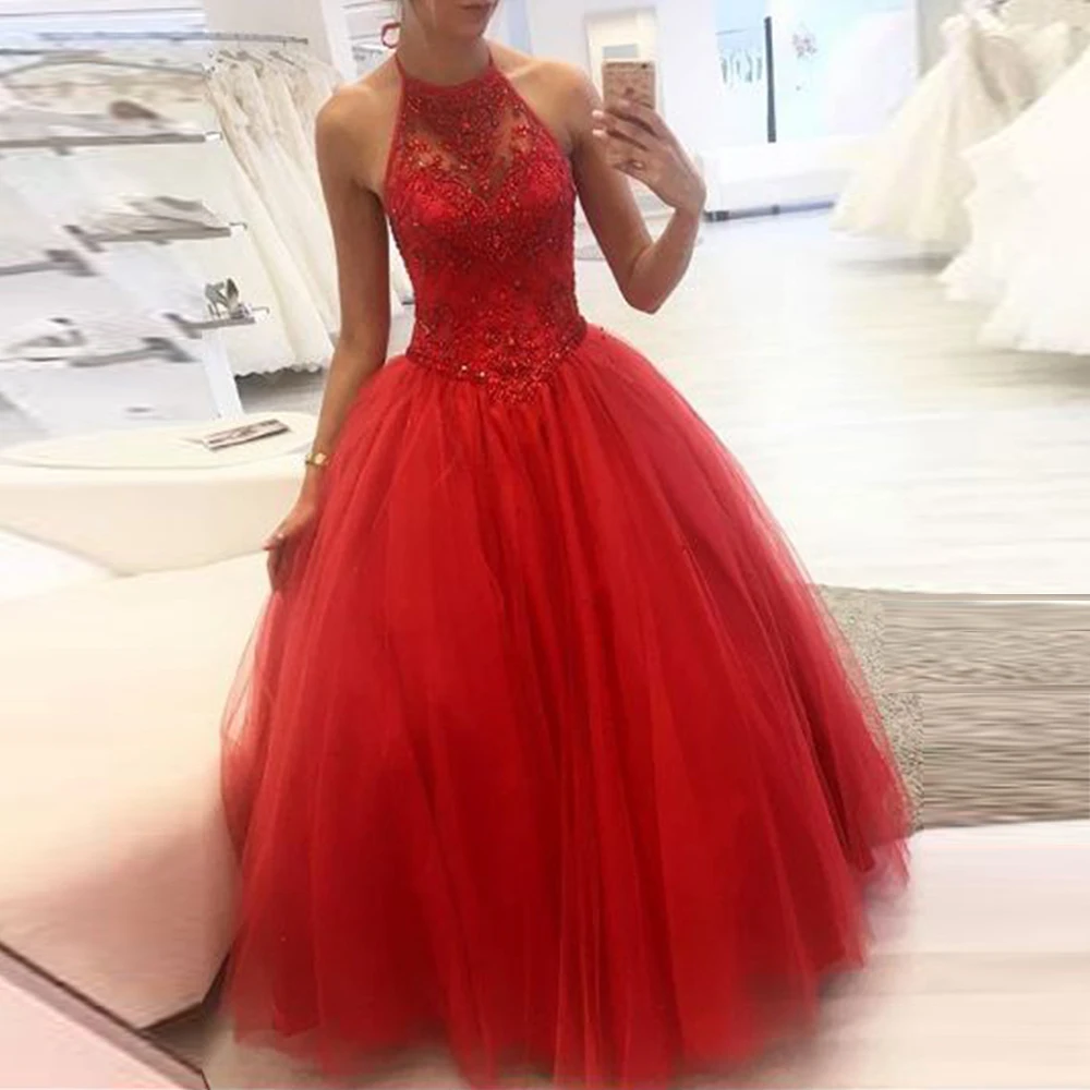 

ANGESLBRIDEP Red Quinceanera Dresses High Neck Crystals Beaded Appliques Cut-Out For 15 Girls Ball Gowns Tulle Party Gowns Cheap