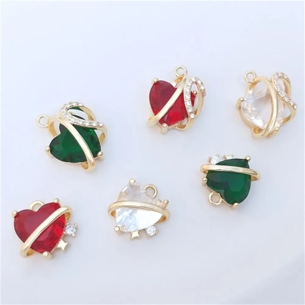 14K Gold Inlaid Peach Heart Shaped Zircon Planet Pendant, Handmade DIY Jewelry Pendant, Bracelet, Necklace Charm Pendant K436