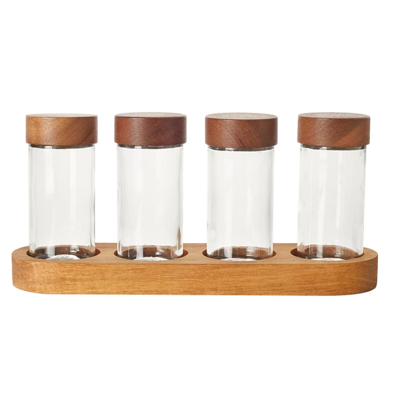 Glass Seasoning Jars Spice Box Wooden Pallets Three-piece Set Spice Jars Kitchen Storage Containers Salt Seasoning Organizer