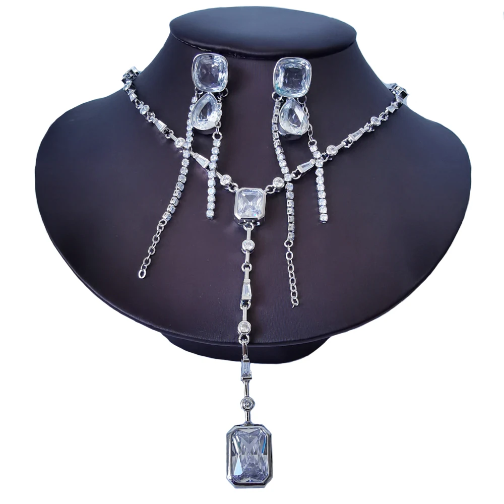 

2023 new fashion retro luxury square crystal zircon luxury bride wedding dress banquet Necklace earring set,bride jewelry