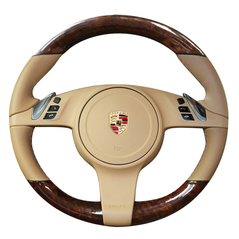 

DIY Hand-Stitched peach wood grain genuine Leather Non-Slip car Steering Wheel Cover For Porsche Cayenne Panamera 2010-2012