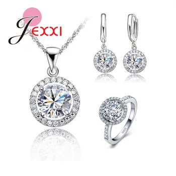 Women Wedding Necklace Earrings Ring Bridal Jewelry Sets Fashion Trendy 925 Sterling Silver CZ Crystal Wholesale 1