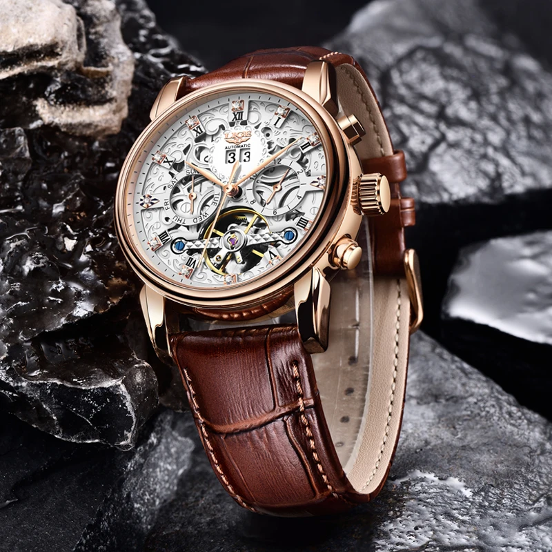 LIGE Mechanical Watches Business Fashion Luxury Leather Strap Tourbillon Automatic Watch for Men Waterproof Calendar Date Clocks