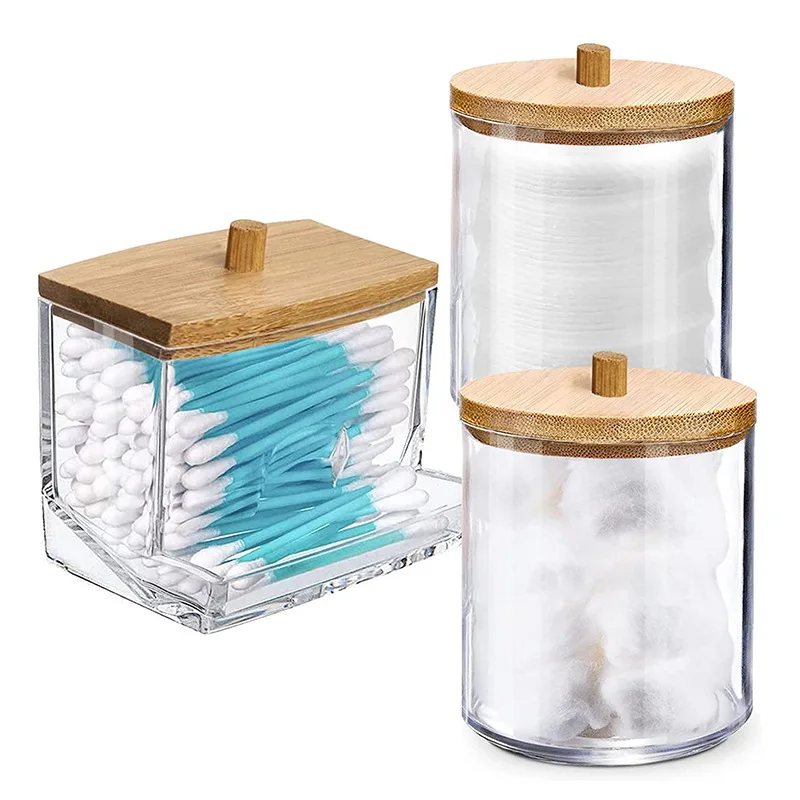 Bamboo cover makeup cotton storage box European style transparent bamboo cover cotton swab box can be stacked with desktop or... 4