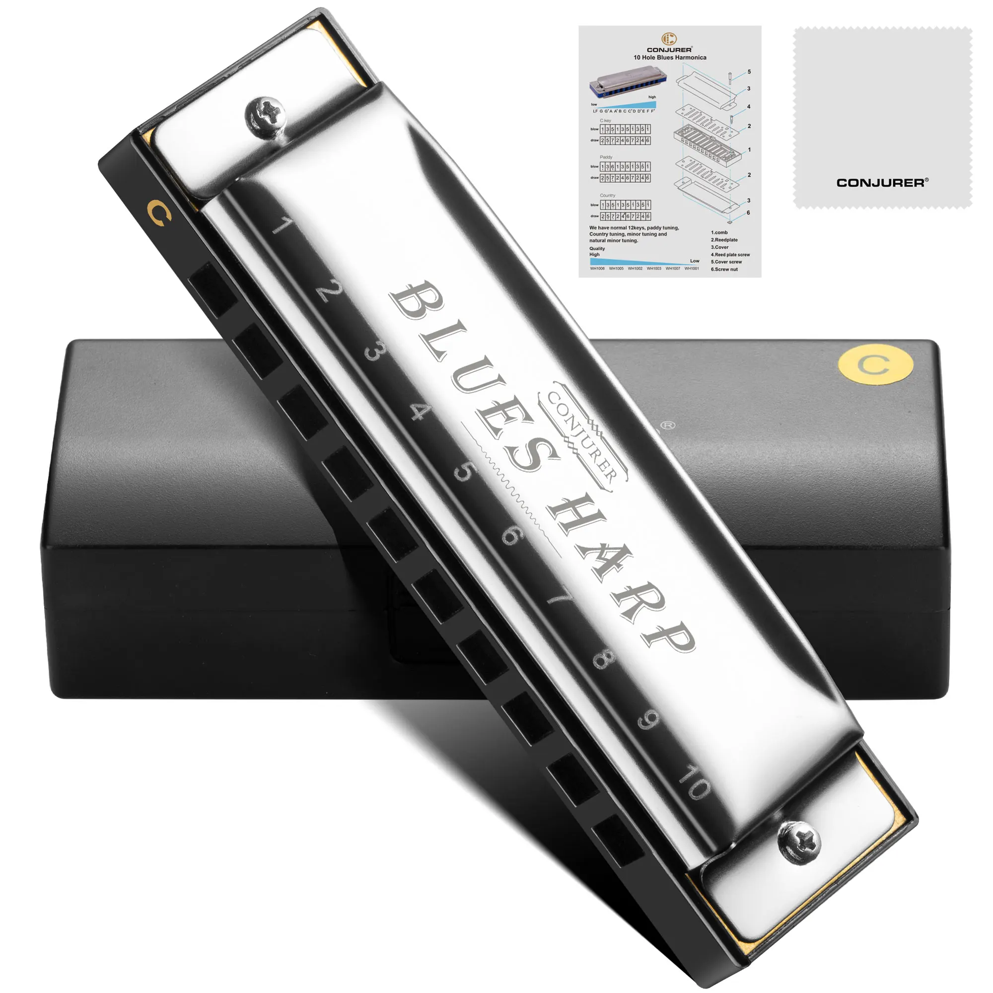 CONJURER Diatonic Harmonica 10 Hole Blues Harp Mouth Organ with different keys (SILVER COVER)