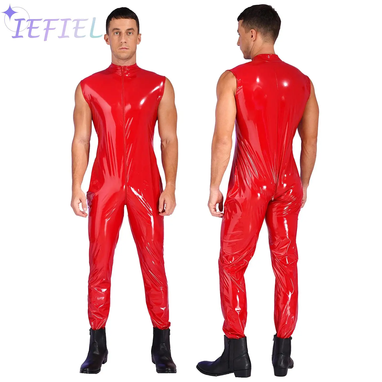 Mens Nightclub Performance Pole Dance Costume Zipper Crotch Catsuit PVC Leather Full Body Skinny Leotard Bodysuit Jumpsuit 5XL