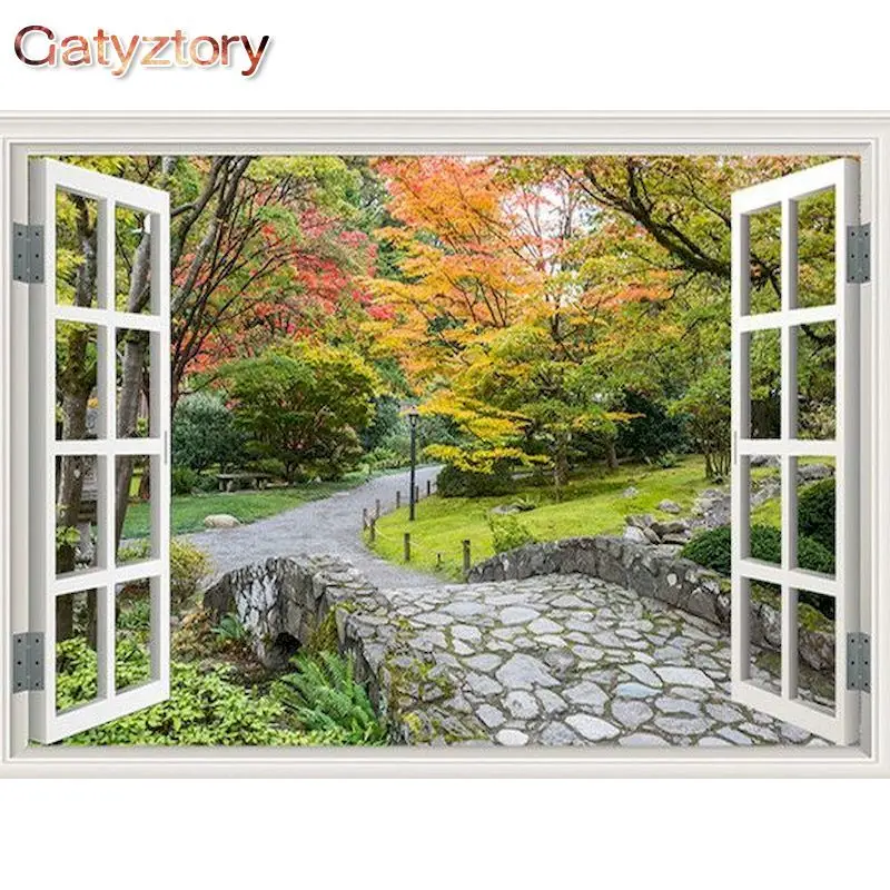 

GATYZTORY Paint By Numbers DIY Oil Painting By Numbers On Canvas Outside Window Scenery 60x75cm Frameless Number Painting Decor