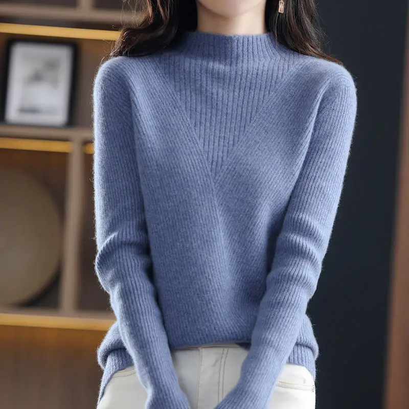 

Autumn Winter Half High Neck Knitted Sweater For Women New Vintage Stripe Lazy Style Loose Versatile Woolen Sweater Trend