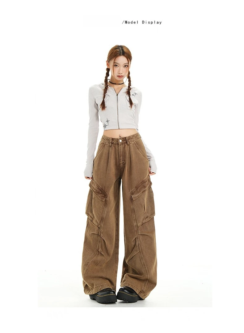 Retro Casual High Waisted Baggy Cargo Jeans Women Washed Distressed Wide Leg Pants Brown Denim Y2K Streetwear Vintage Trousers