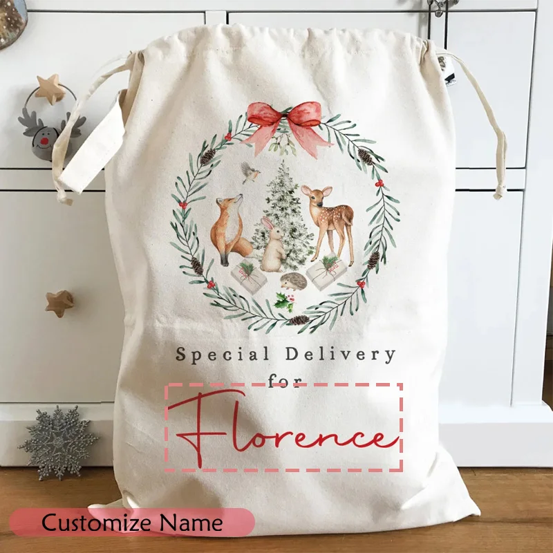 Personalisierter Weihnachtskranz für den Winter, Wald, Wald, Tierkreaturen, Weihnachtsmann-Sack, Frohe Weihnachten, Urlaub, Kind, Junge, Mädchen, Geschenktüte – Detail 1