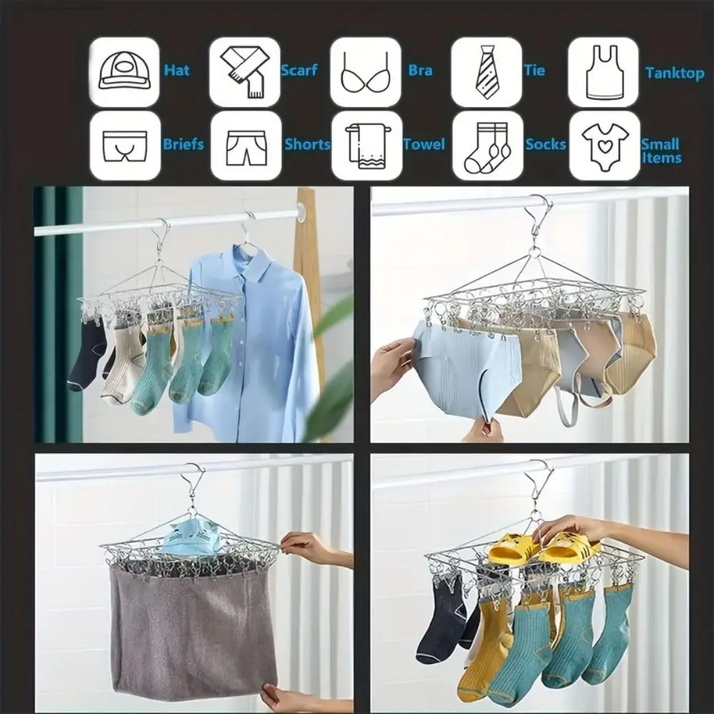 1pc Sock Drying Rack With 30 Hooks, Stainless Steel Rotatable Hanger, Windproof Drip Hanger, Foldable Sock Hanger 3